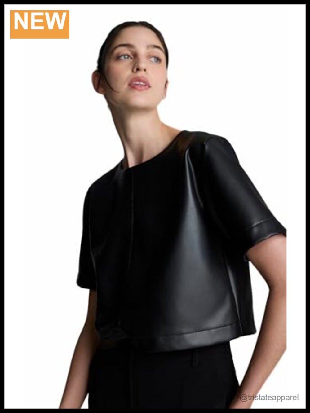 Women's Faux Leather Cropped Tee Shirt Crew Neck Short Sleeve Boxy Fit